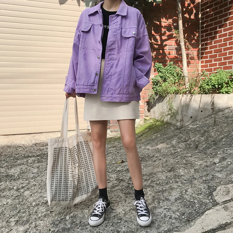 

Loose Purple Denim Jacket Women Streetwear Bomber jeans jacket women plus size Basic Coats Outerwear chaqueta mujer
