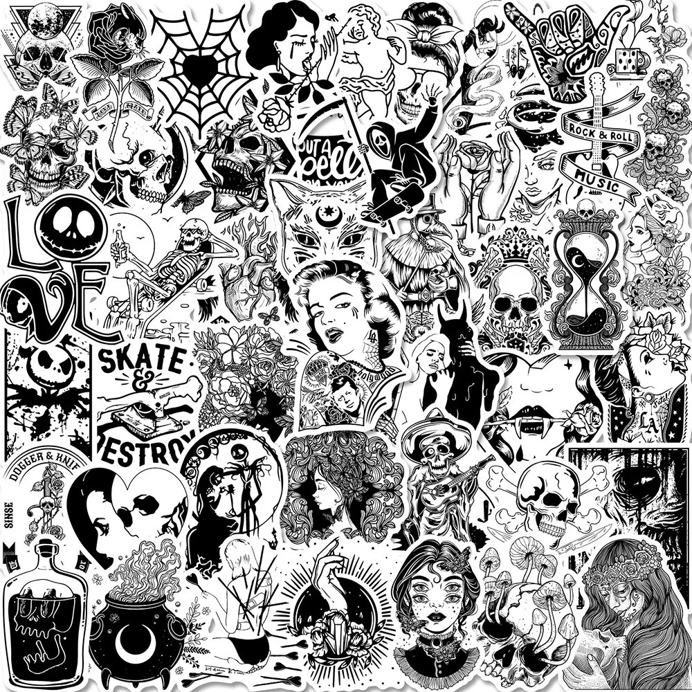 

10/30/50PCS Gothic Black and White Graffiti Stickers DIY Fridge Laptop Luggage Skateboard Graffiti Decals Sticker Decal Sticker