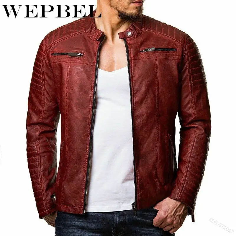 

Мужская кожаная куртка WEPBEL в стиле панк, приталенная мотоциклетная куртка из искусственной кожи на молнии с воротником-стойкой