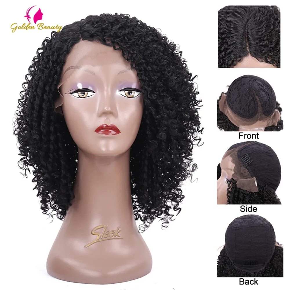 

Afro Kinky Curly Part Lace Wig 14inch Natural Black Color Short Synthetic Hair Lace Wigs for Black Women Golden Beauty