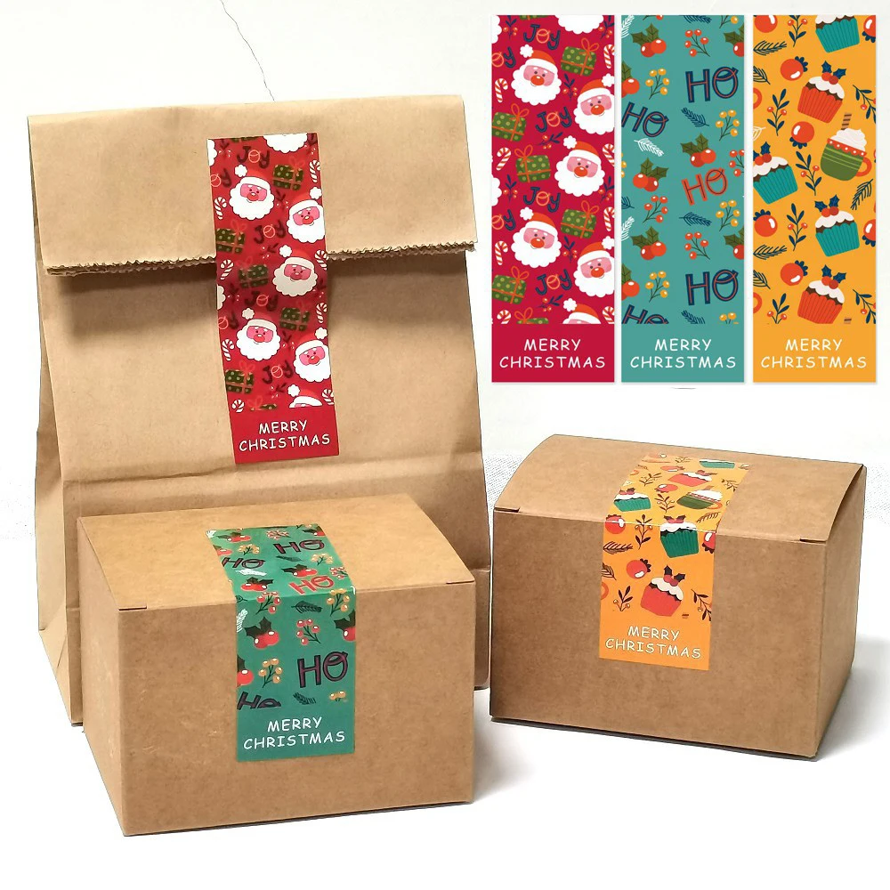 30Pcs/Pack Merry Christmas Sticker Kraft Paper Package Stickers Seal Label for Small Business Package Decor 3*9cm