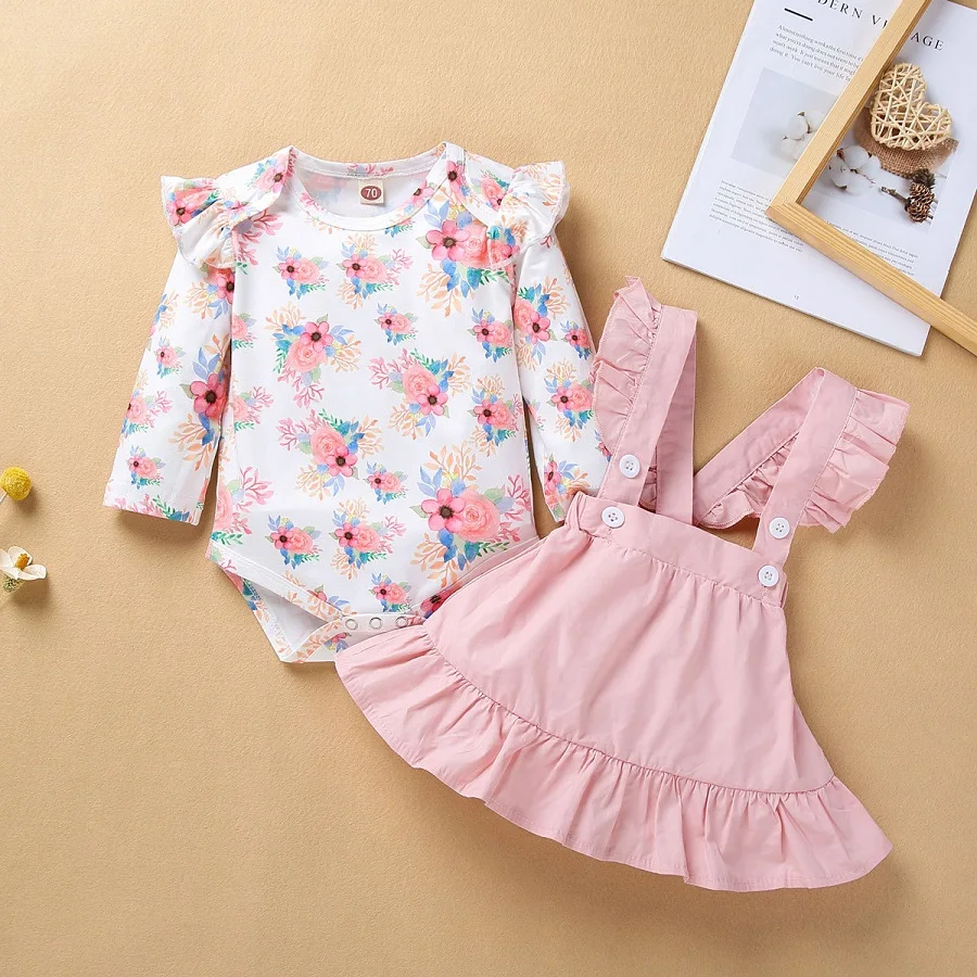 

Children's clothing baby clothing 2021 spring new baby children's floral long sleeve Jumpsuit + two piece suspender skirt girls'