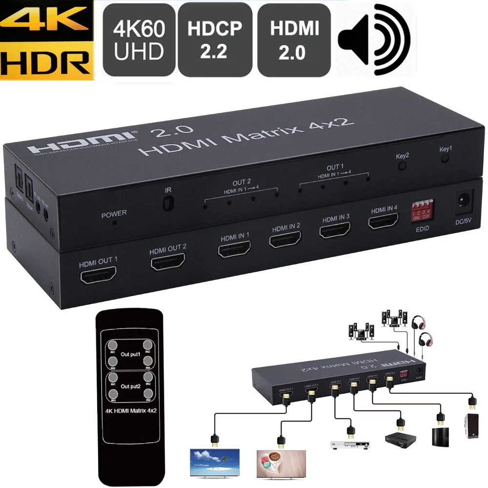 2 0 HDMI матрица 4x2 с toslink аудио 4K @ 60 Гц HDR переключатель сплиттер 4 в выхода YUV 4:4:4 HDCP