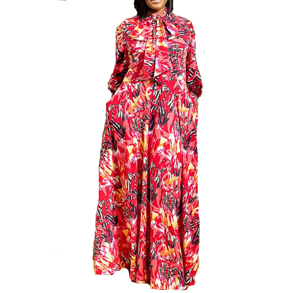 

2021 Women Summer Dress Casual Plus Size XL-5XL Vintage Floral Printed Bow Tie Loose Office Ladies Retro Long African Dresses