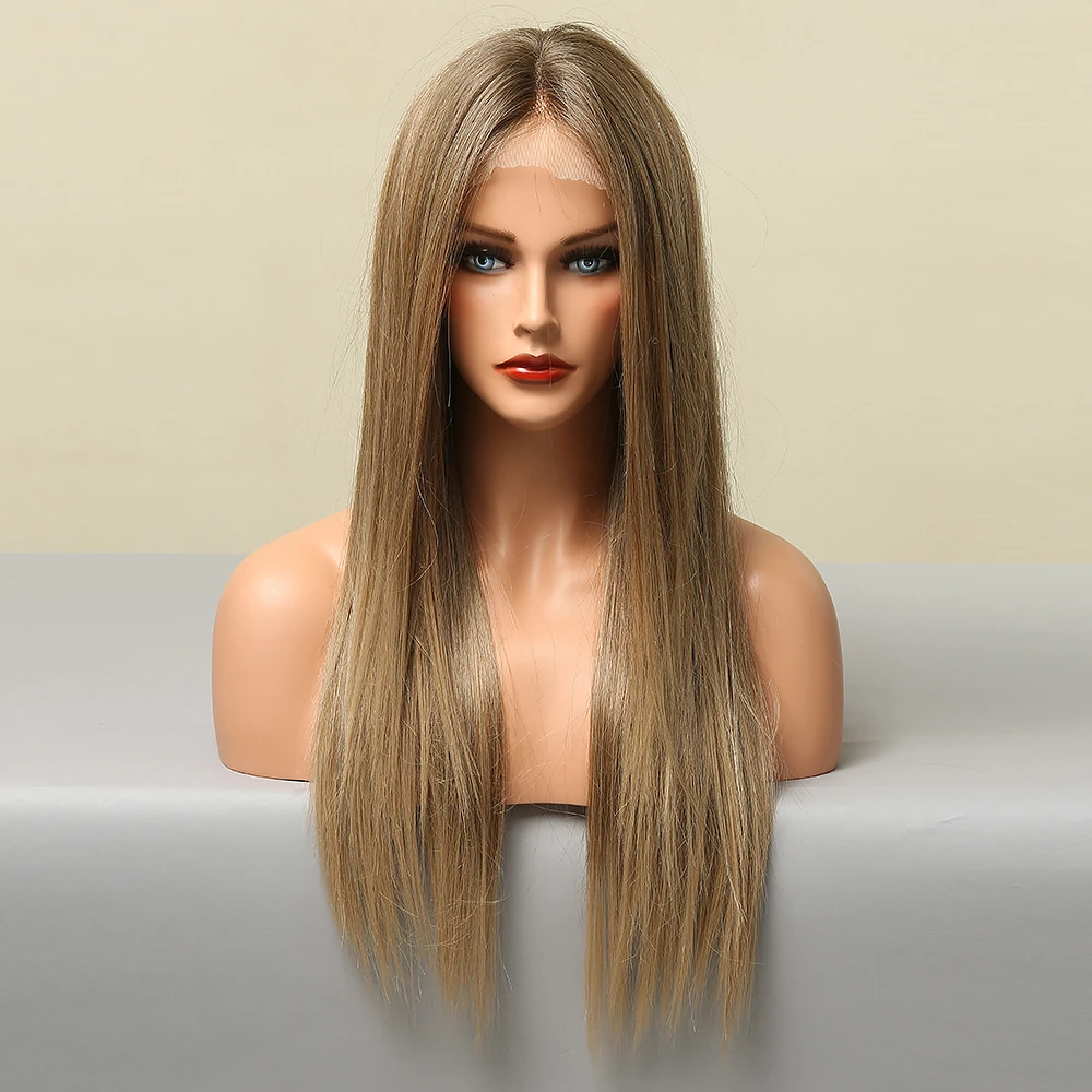 Длинные шелковистые прямые парики на сетке спереди для женщин Омбре коричневые