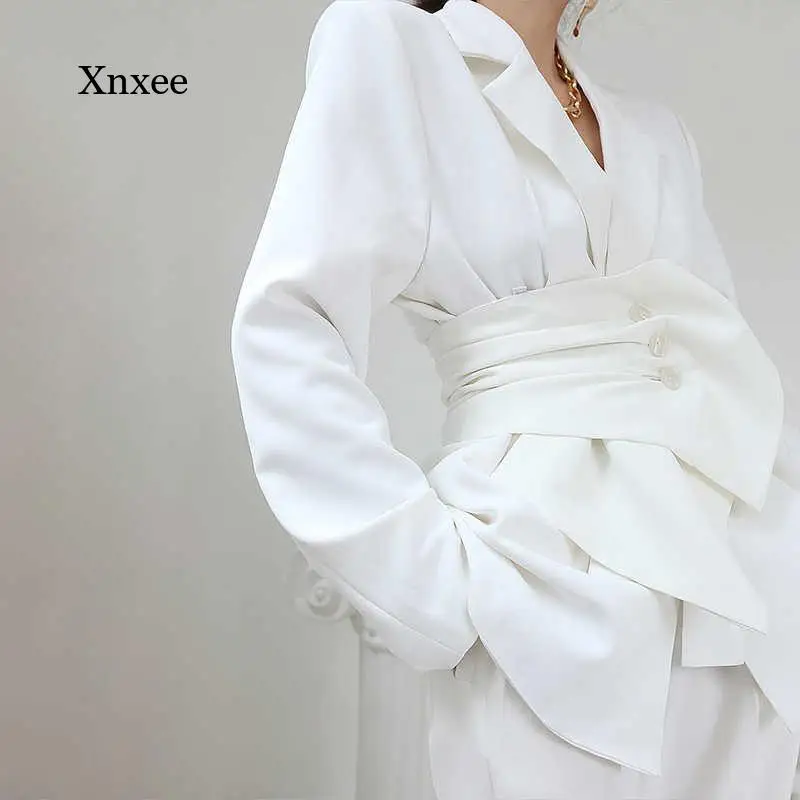 

Женский пиджак с длинным рукавом, элегантный белый пиджак во французском стиле с отложным воротником и поясом, 2021