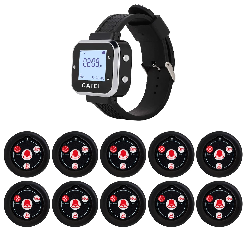 CATEL Russian Language 10 Button 1 Watch Wireless Calling System Call Transmitter Paging Pager for Restaurant Waiter Bell Buzzer