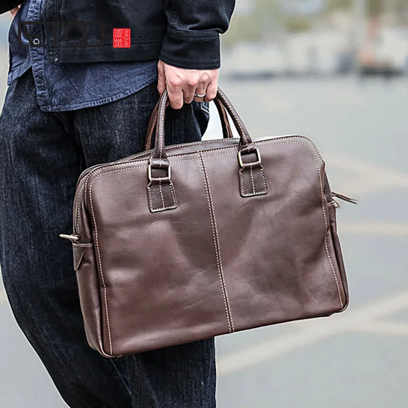 

Мужская кожаная сумка AETOO, портфель на одно плечо, деловая Повседневная сумка