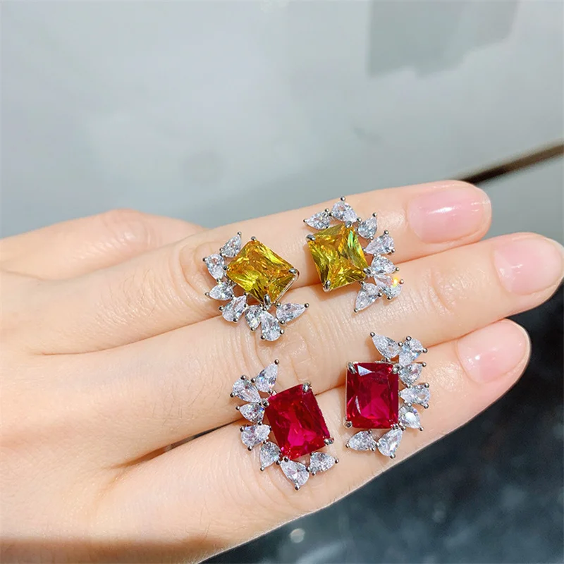 

QTT Luxury Female Crystal Red Yellow Zircon Stud Earrings Earrings Vintage Wedding Earrings For Women 925 Silver Jewelry