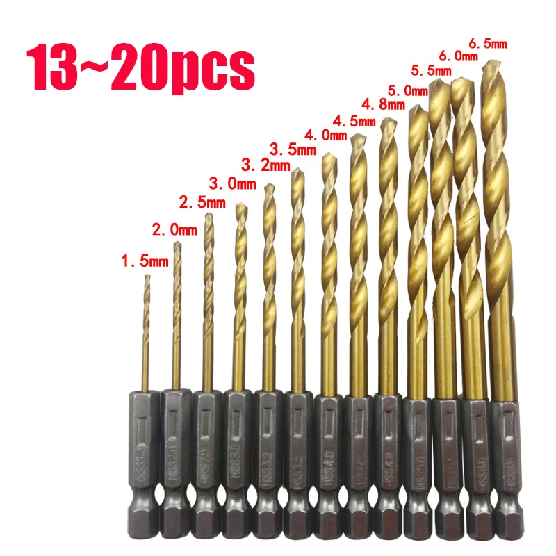 

13-20Pcs 1/4 6.35mm Hex Shank 1.5-6.5mm Drill Bits HSS High Speed Steel Titanium Coated Drill Bit Set Power Tools Accessories