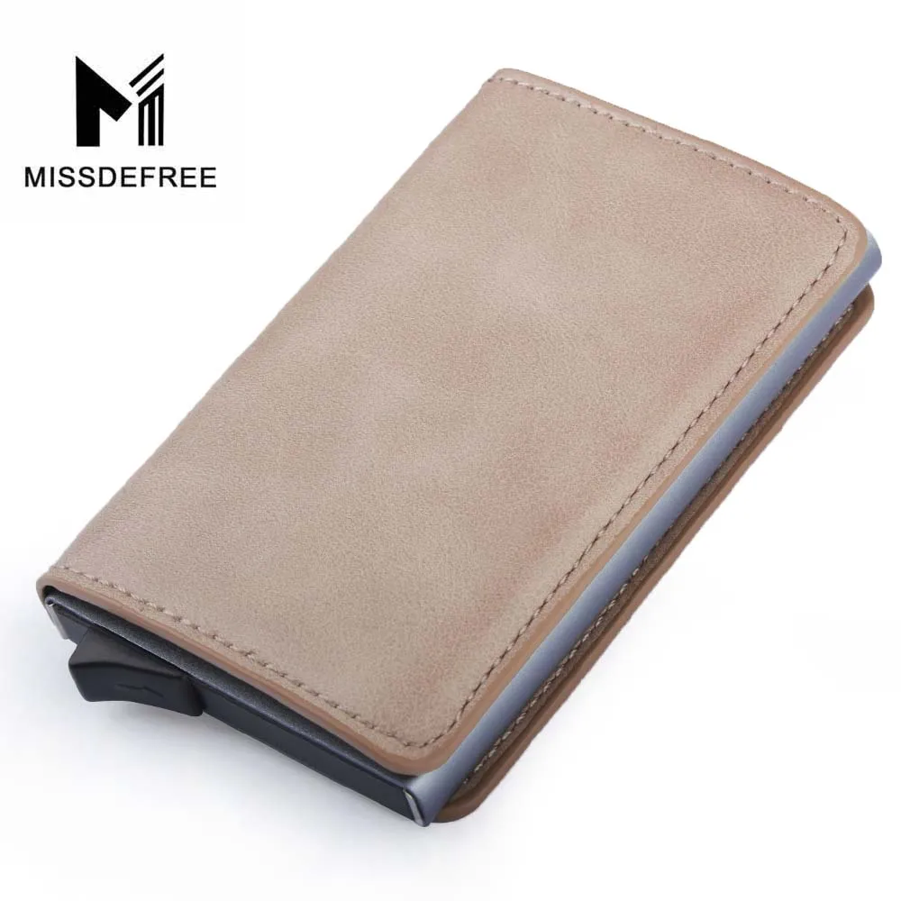 Beige Алюминий бумажник с заднего кармана ID Card Holder RFID Блокировка мини-тонкий металлический кошелек автоматические всплывающие Кредитная карта монет кошелек - Цвет: Beige
