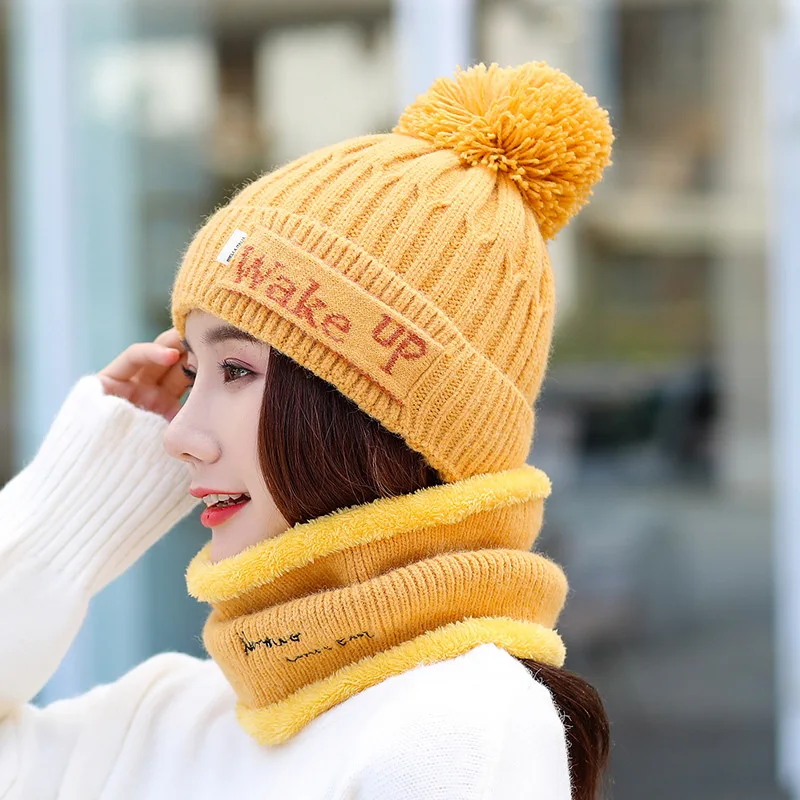 Pom Poms зимняя шапка, шарф, набор, женские толстые хлопковые шапки-бини и шарф с кольцом, женские вязаные зимние аксессуары, женские шапки