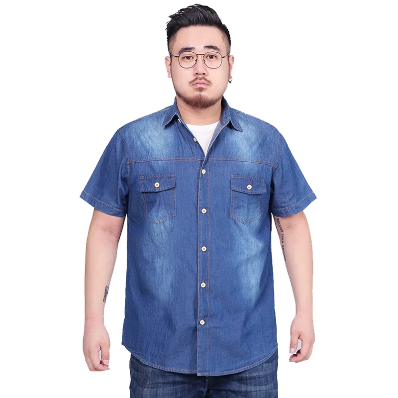 1406 DARK BLUE Большие Азиатские размеры L-5XL 6XL 7XL 8XL джинсовая хлопковая рубашка для мужчин с коротким рукавом Летний стиль модная повседневная одежда - Цвет: 1406 DARK BLUE