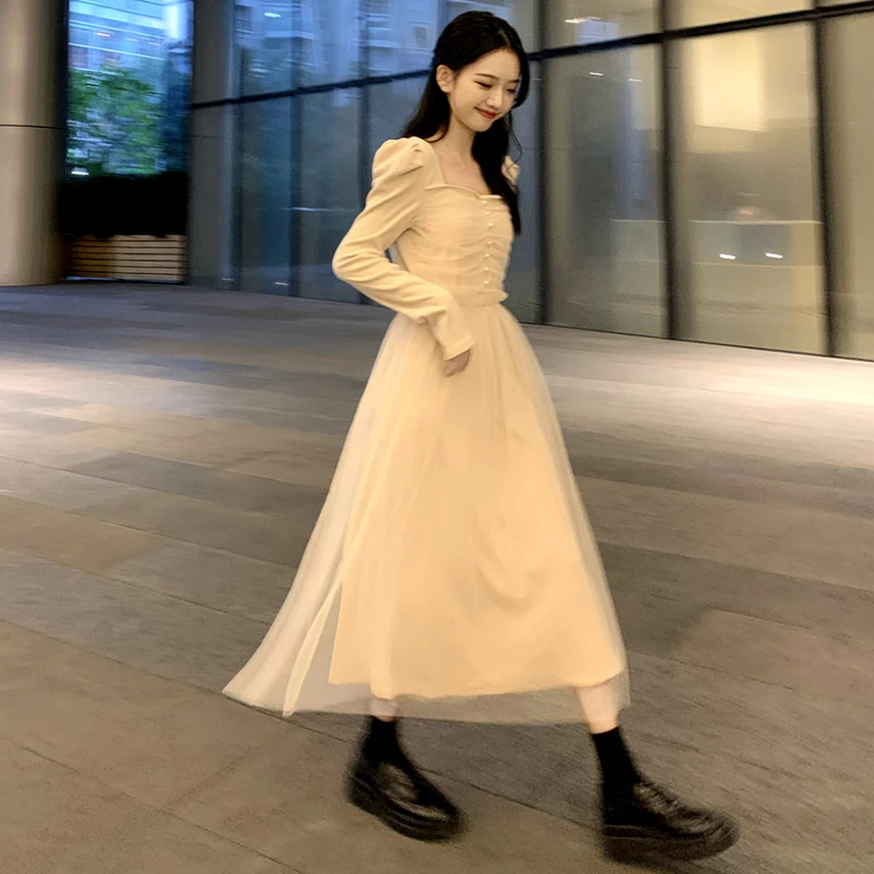 

Fairy Dress for Women 2021 Spring New French Style Design Square Collar Mesh Stitching Long Sleeves Knitted Dress