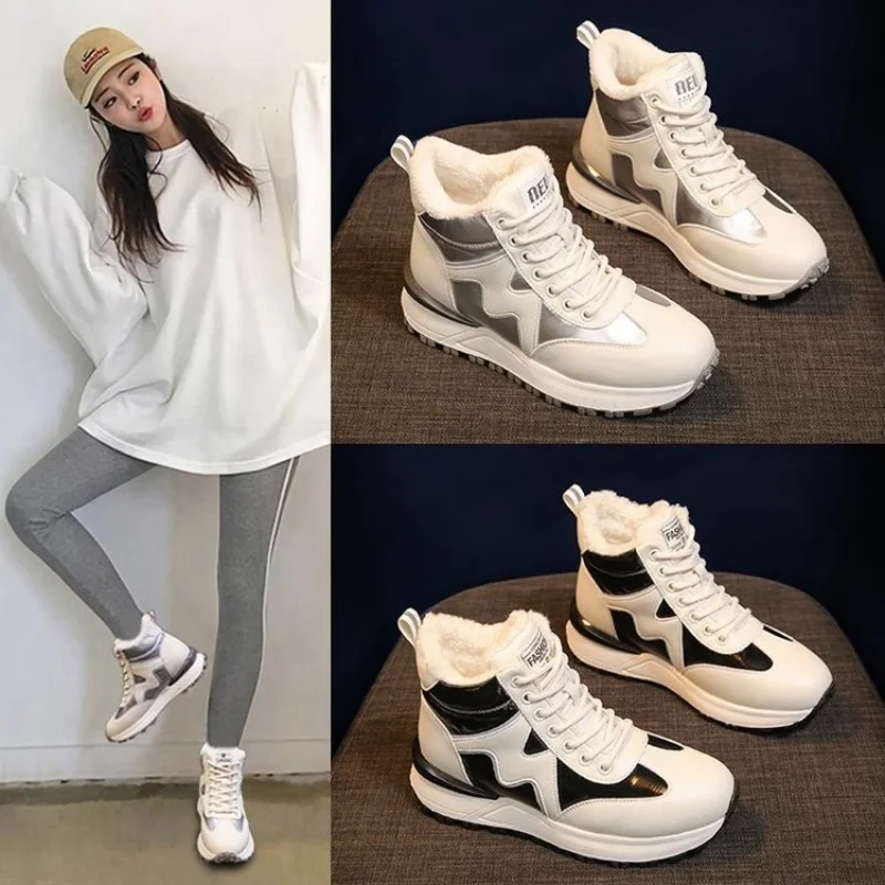 

Женские ботинки на шнуровке, повседневные непромокаемые ботинки из искусственной кожи, на плоской подошве, с бархатной подкладкой, с круглы...