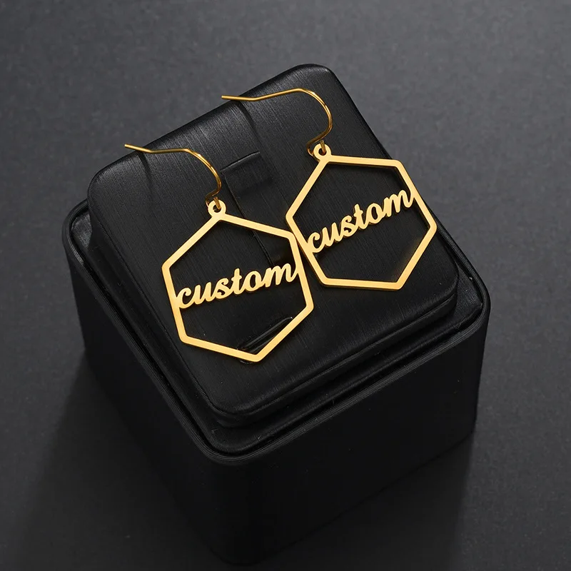

HUHUI Customized Name Earrings Personalized Hexagon Hollow Pendant Geometric Ear Stainless Steel Women Stud Jewelry Best Gift