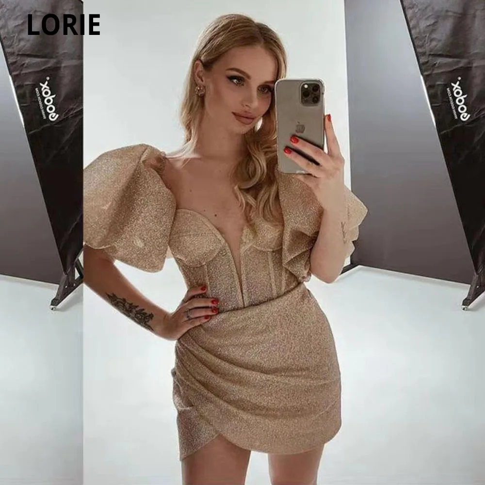 

LORIE Modern Champagne Sequines Mermaid Short Evening Dress Sweetheart Short Sleeves Sparkly Club Formal Party Gowns Dresses