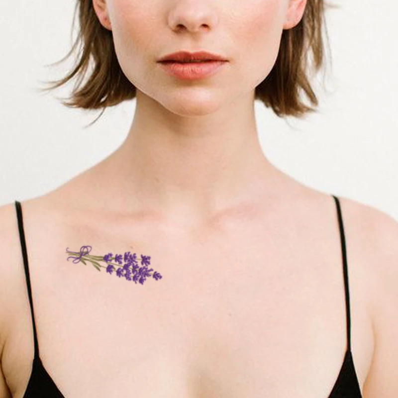 

Purple Lavender Leaf Bow Waterproof Temporary Tattoos for Girl Women Arm Clavicle Tatoo Sticker Watercolor Plants Tattoo Paper
