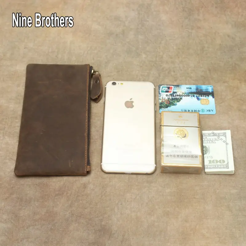 Classci Retro Crazy Horse Leather Men's Zipper Wallet Luxury Clutch Bag Long Wallet Genuine Leather Cowhide Male Phone Purse