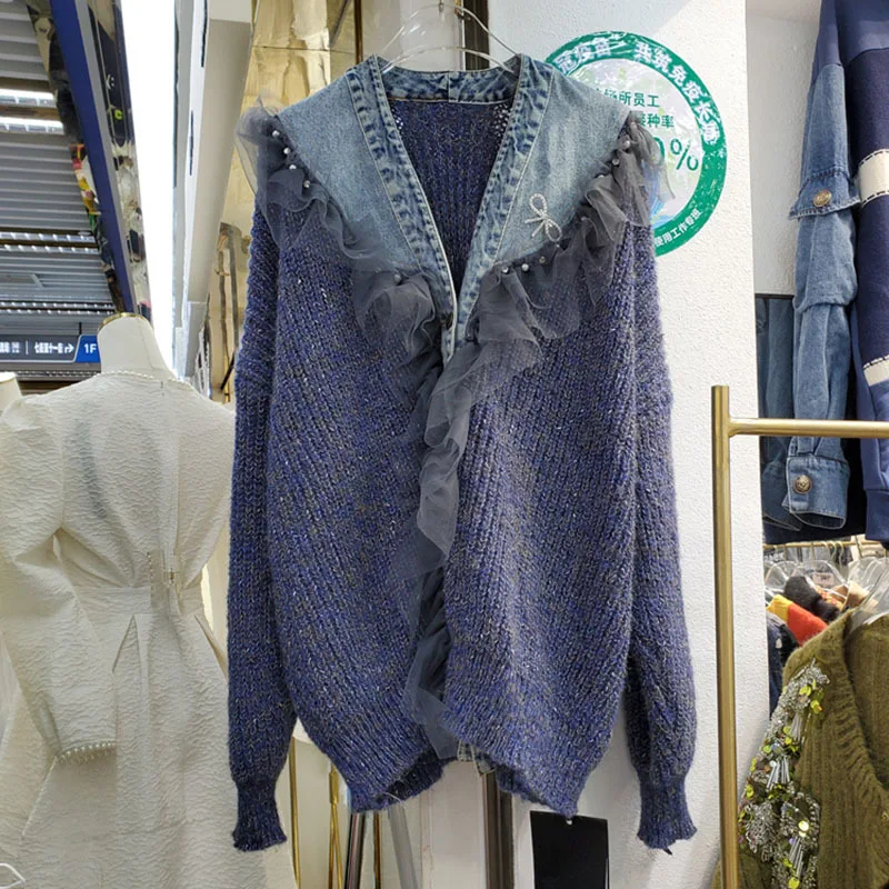 

SeeBeautiful Mesh Denim Spliced Knitted Loose Jacket Coat V-neck Long Sleeve Single Breasted Autumn Winter 2021 New Fashion G664