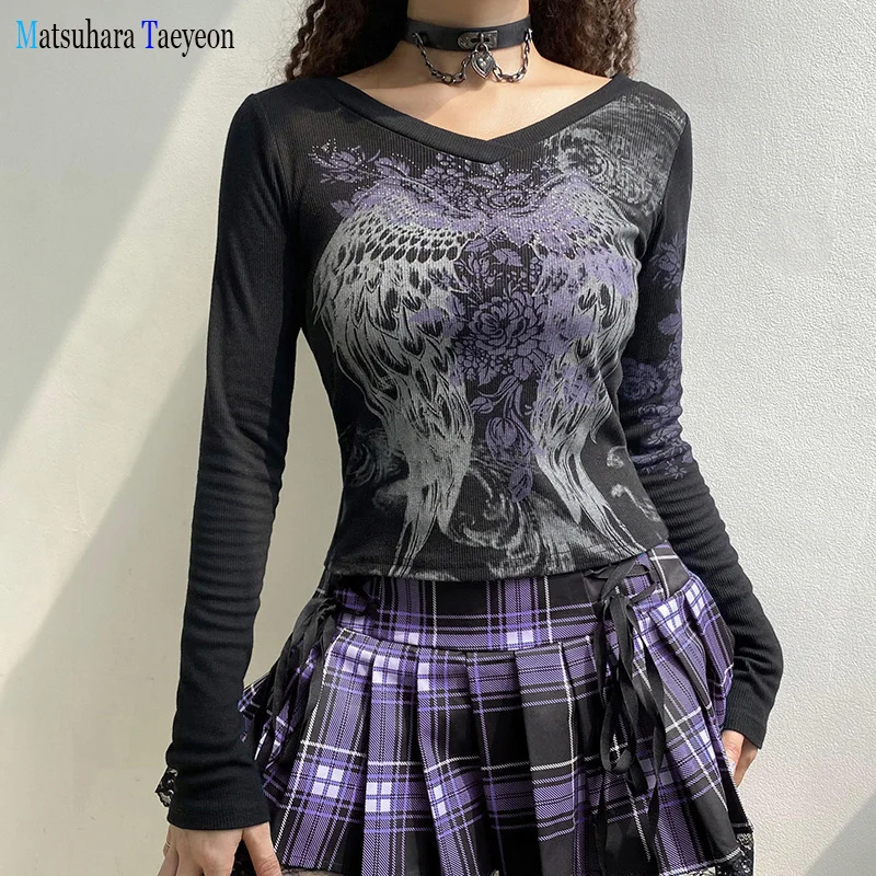 

Vintage Feather Wings Flower Print Hot bead Long Sleeve Tshirts Streetwear Fashion Sexy Tops Slim Women's Clothing Spring New