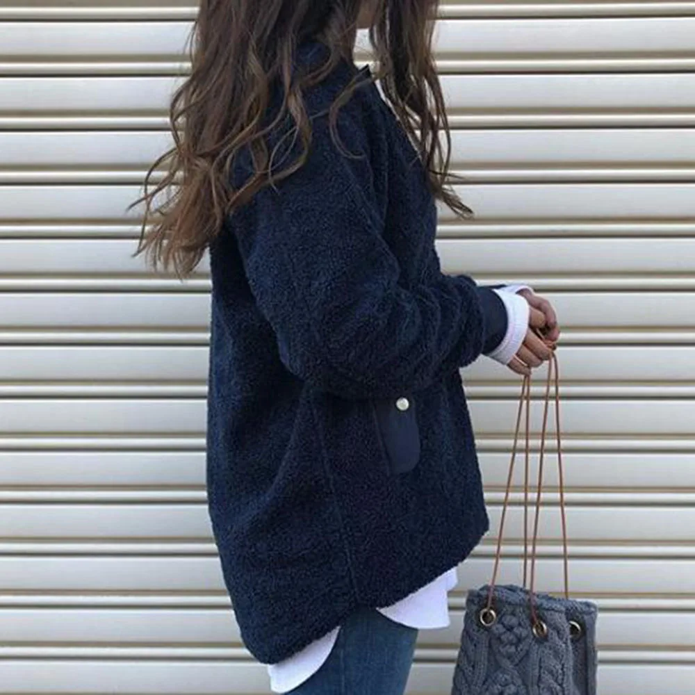 Женская футболка из флиса однотонная темно синяя офисная рубашка с длинным