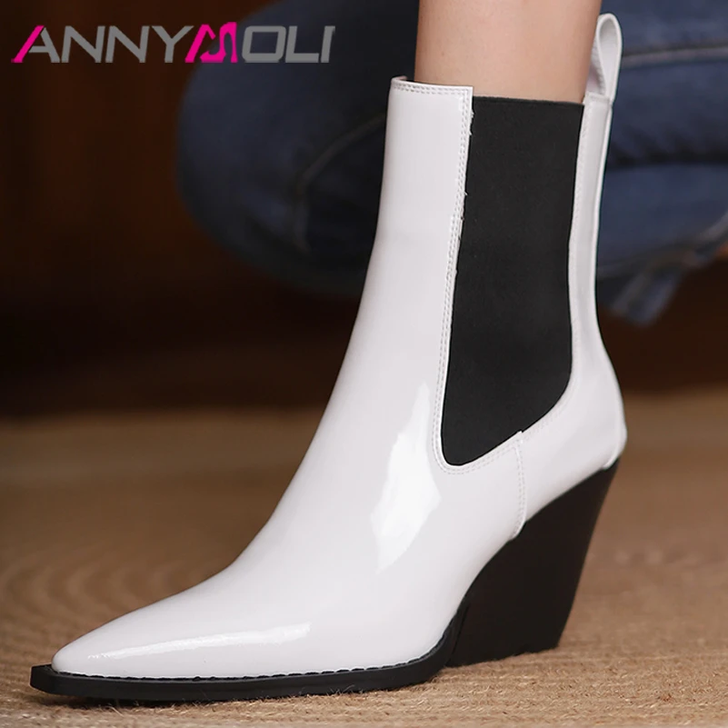 

ANNYMOLI Cow Patent Leather Shoes Women Ankle Boots Wedges High Heel Shoes Pointed Toe Ladies Winter Short Boots 2021 New Black