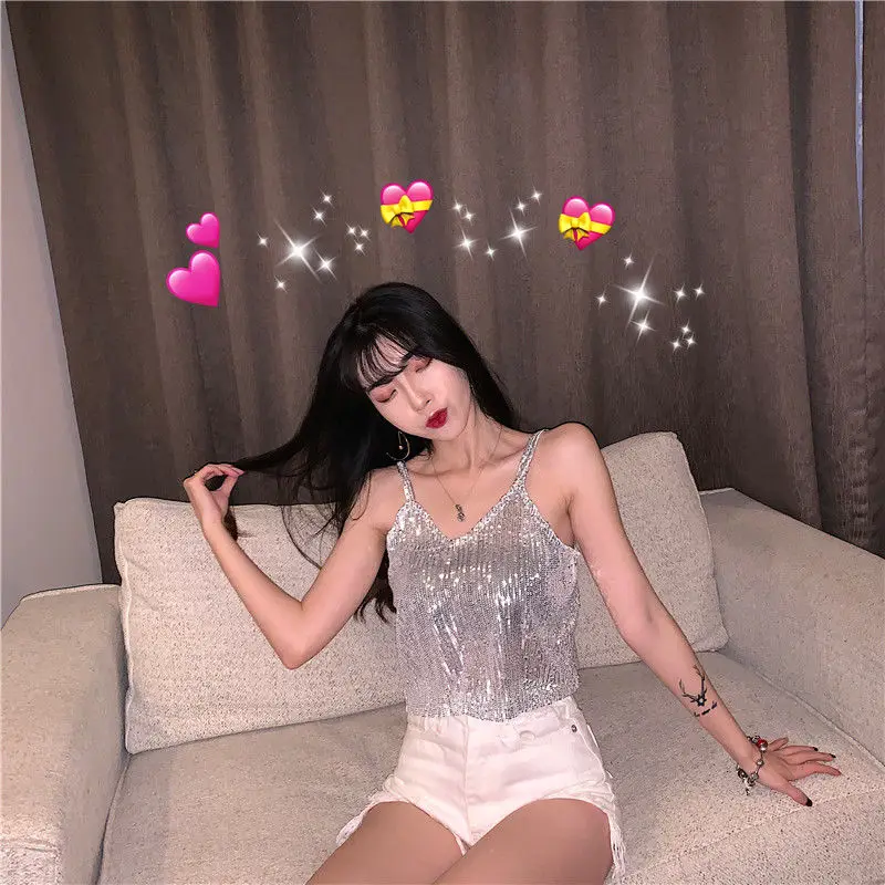 

Net red camisole female 2021 summer new Korean fashion temperament sequin hollow Joker bottoming shirt top