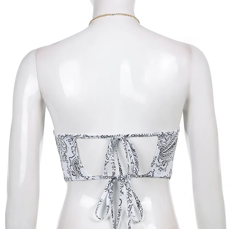 

ALLNeon Summer Vintage Y2K Print Chain Bandana Top 2000s Streetwear Backless Lace-Up Halter Crop Top Sexy Sleeveless Tank Tops