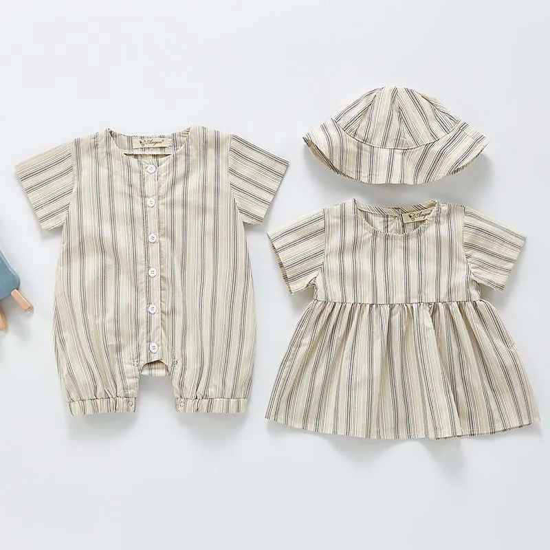 

Летняя одежда для малышей, одежда для брата и сестры, полосатые комбинезоны для мальчиков, платье для девочек с шапочкой