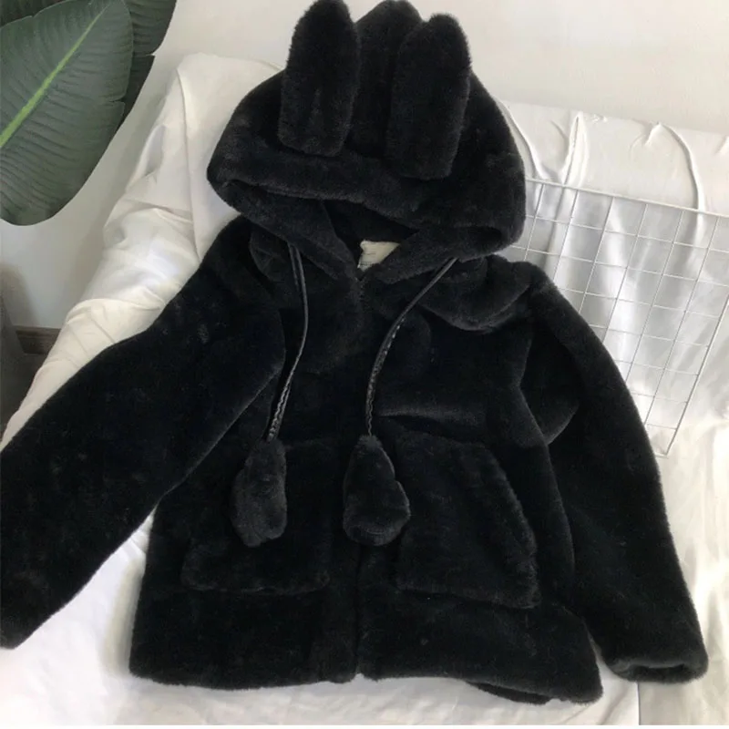 Moving Ears Korean Faux Rabbit Fur Plush Coat Women Winter Thick Furry Jacket Biker Woman White Hooded Pocket Oversized Shelter