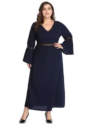 Женское летнее платье размера плюс с v-образным вырезом и расклешенным длинным