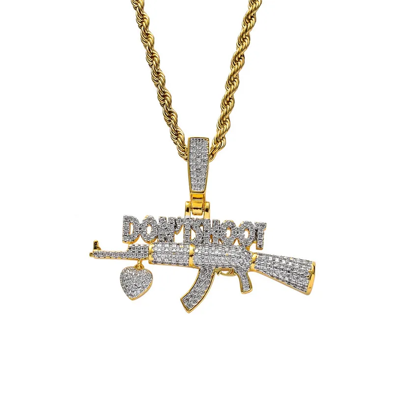 

Bling Cubic Zircon Machine Gun Pendant With Heart Charm Necklace Men'S Fashion Letter DON'T SHOOT Hip Hop Jewelry Gift