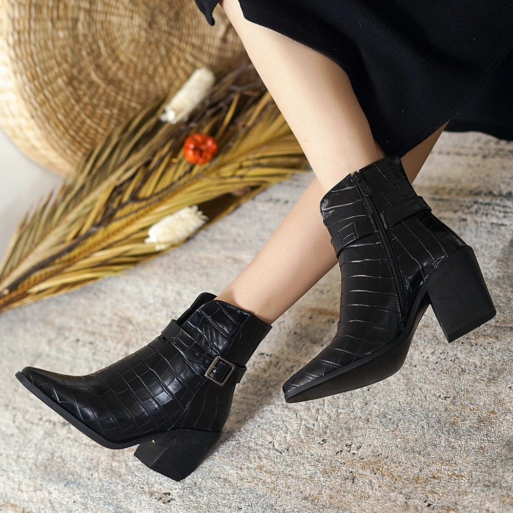 

Sarairis 2020 New Arrivals Big Size 45 Pointed Toe Shoes Woman Boots High Qality Zip Up Chunky Heels Office Ladies Boots Female
