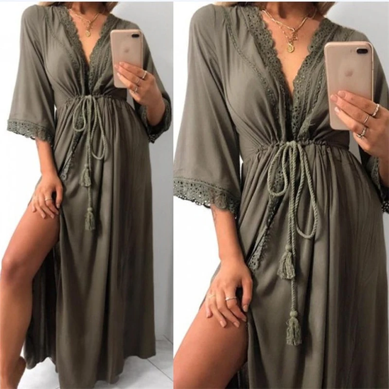 Пляжное платье-кардиган Женский длинный халат мягкое ажурное кружевное