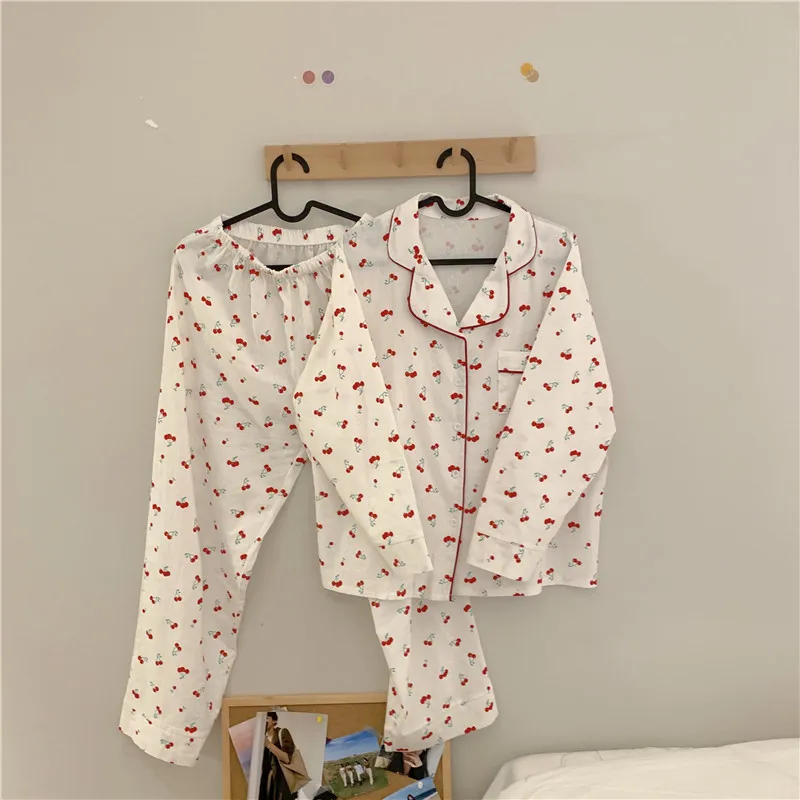 

pajama set sweet cherry korean chic cotton loose homewear 2 piece set spring autumn long sleeve blouse pants sleepwear suit Y950