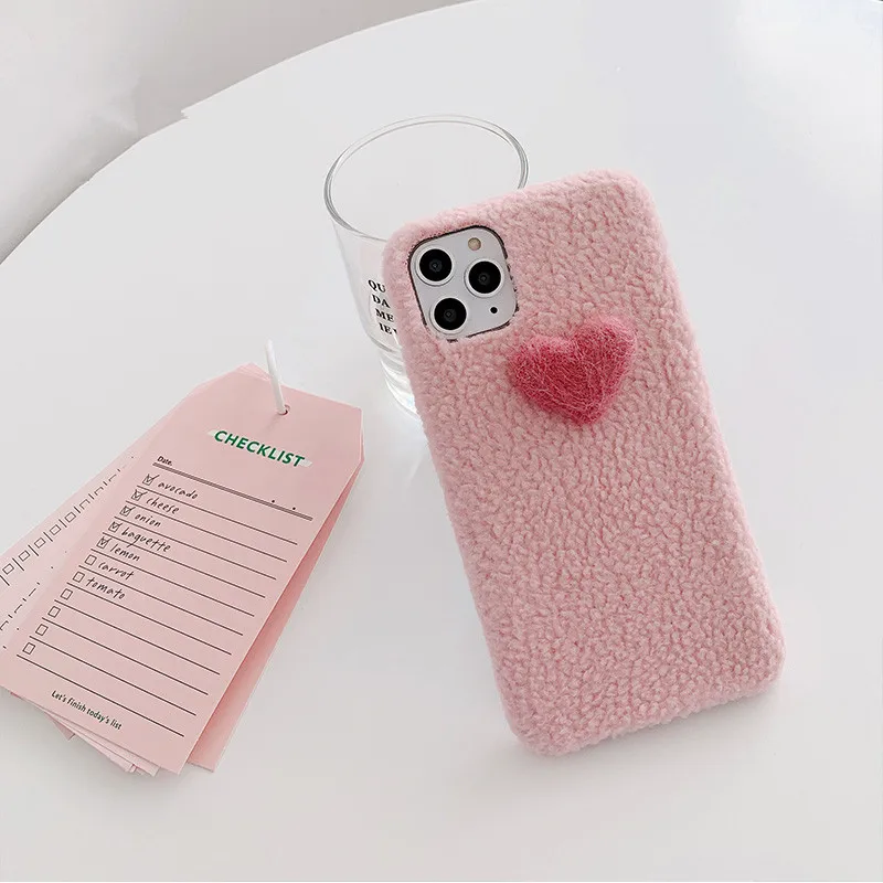 Kawaii теплый плюшевый чехол для телефона с сердечком Iphone 11 Pro Max X Xr Xs 6 7 8 Plus Пушистый