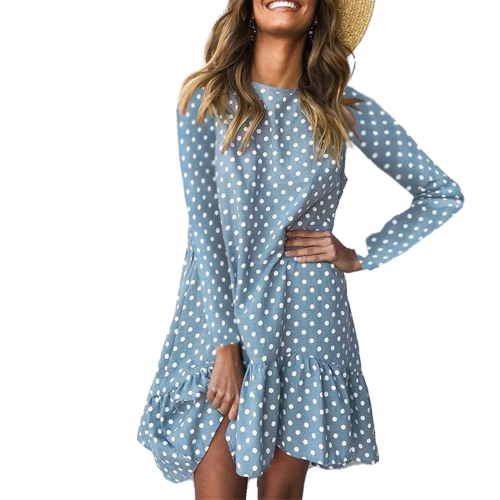 Женское платье миди в синий горошек на осень и зиму Повседневные Вечерние платья