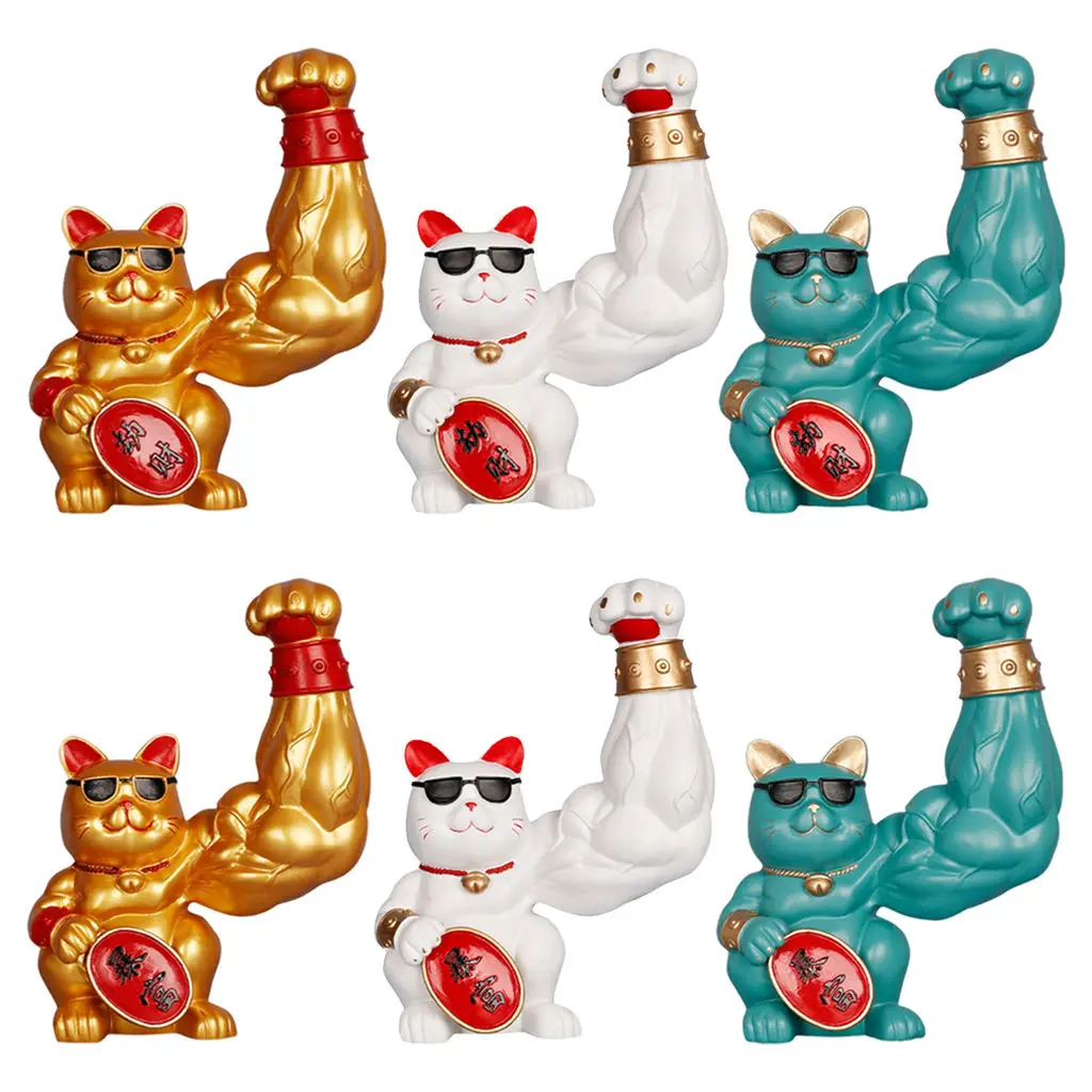

Money Cat Figurine Sculptures Cat Figurine Good Luck Chinese Muscle Arm Lucky Cat Figurine for Home Living Room Interior