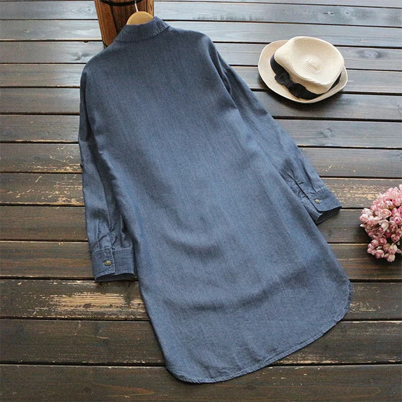 

Plus Size S-5XL Jean Women Blouses Autumn Solid Long Style Women Tops Turn-down Collar Long Sleeve Women Shirts Hot Sale Blouse