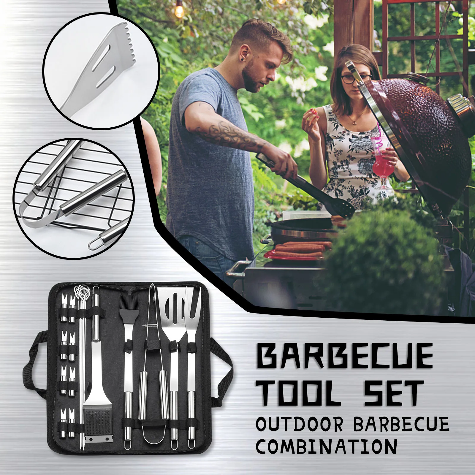 

20 juegos de barbacoa masculinos y femeninos, herramientas de barbacoa de acero inoxidable para acampar y cocinar al aire libre