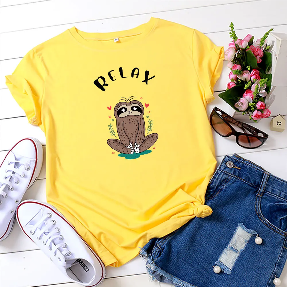 MK 100% Cotton RELAX Sloth Printed Short-Sleeved T-Shirt for Ladies Summer Tshirts Oversized S-XXL O-Neck Tops Tees | Женская одежда