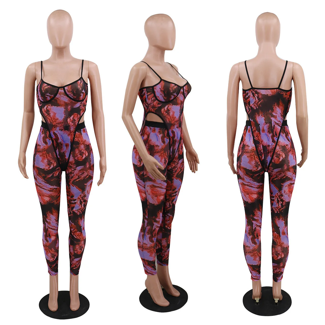 

ANJAMANOR Fashion Print Sheer Mesh Pants Set Clubwear See Through Jumpsuit Women Two Piece Outfits Bodysuit Leggings D57-CD18