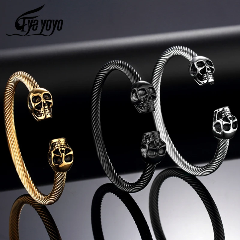 EyeYoYo панк череп браслет и из нержавеющей стали проволока цепи ювелирные
