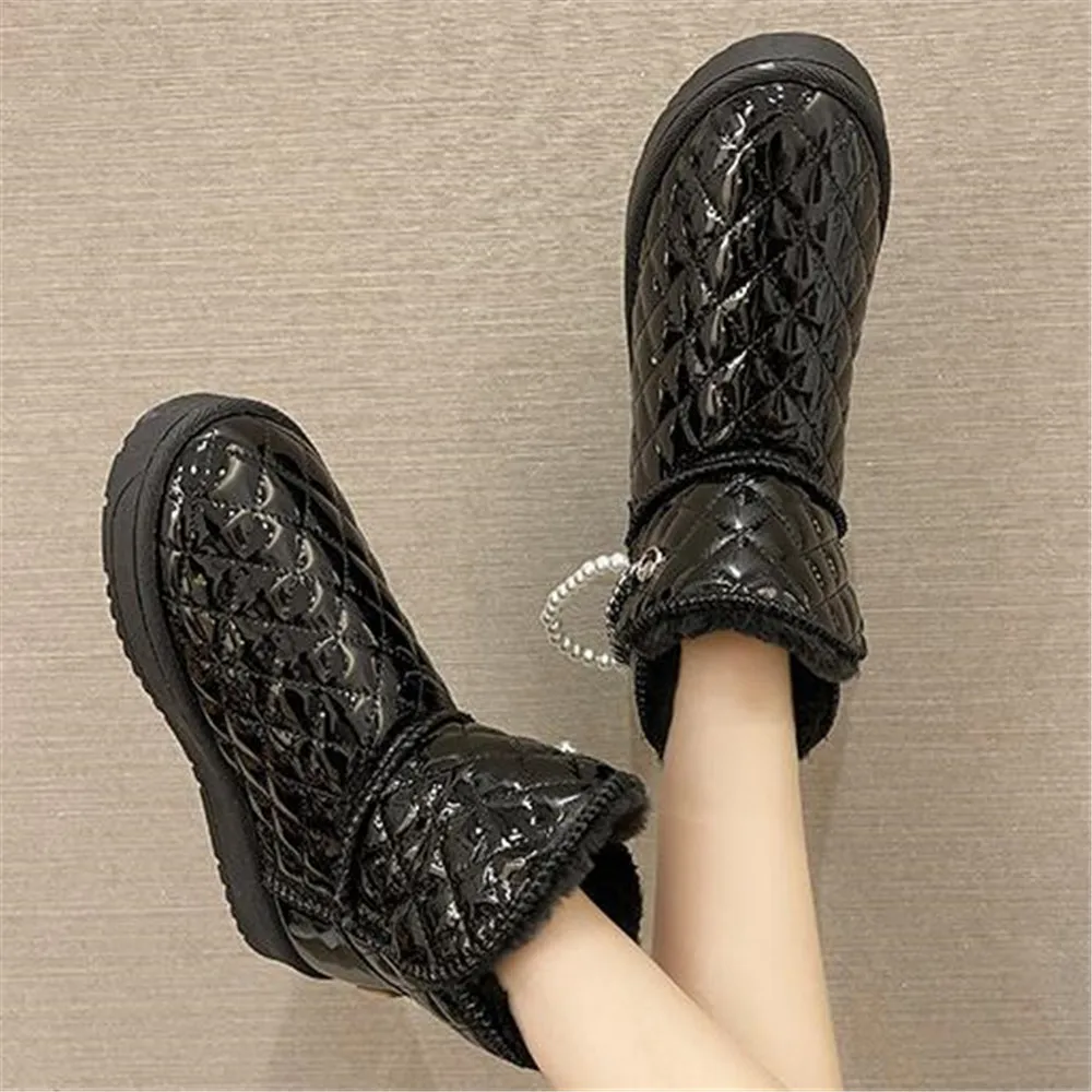 

2022 Women Beaded Chain Ankle Boots Winter Female Fashion Round Toe Cotton Shoes Ladies Warm Fur Falt Non Slip Snow Boots Black