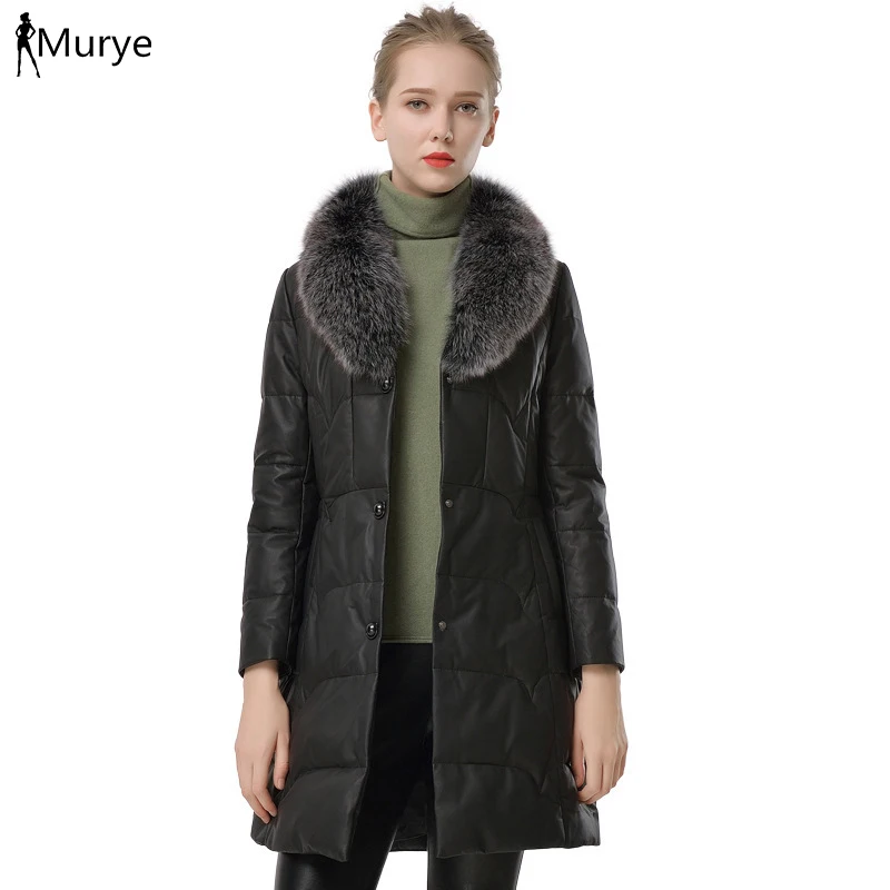 

Winter Down Parka Real Fur Leather Women Sheepskin Coat Long Outerwear Slim Fox Fur Collar Fit Thicken Warm Fashion 2019 Clothes