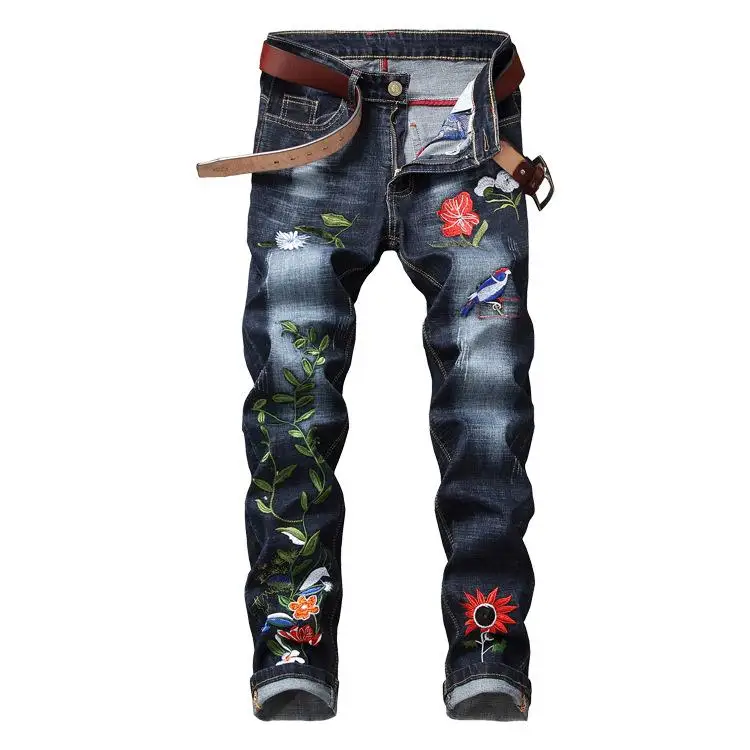 

New Arrivals Men's Fashion Jeans Elastic Embroidery Jeans Men's Ripped Biker Denim Pants