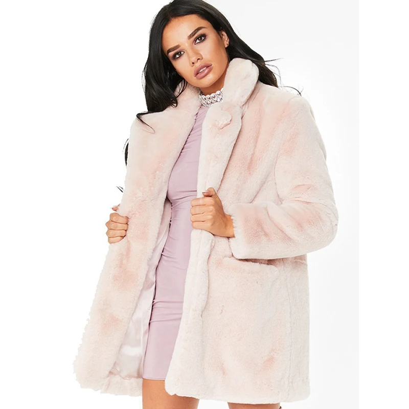 Ladies Faux Fur Jacket Solid Color Turn-Down Collar Mid-Length Loose Thick Warm Coat Women Rabbit Fake Fur Overcoat Streetwear