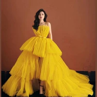 high quality bright yellow evening hi lo strapless ruffles prom dresses %e2%80%8bbowknot waist tiered layered tulle formal party dress