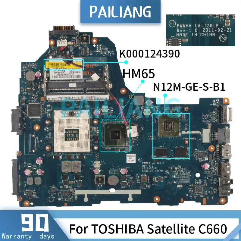 

Mainboard For TOSHIBA Satellite C660 Laptop motherboard LA-7201P K000124390 N12M-GE-S-B1 HM65 DDR3 Tested OK